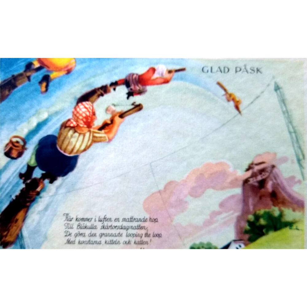 Easter Witches Postcard Fantasy Glad Pask Tea Kettle Flying Broom Sticks Sweden
